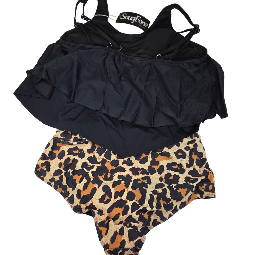 SouqFone Tankini Women S Black Leopard Ruffle Handkerchief Safari Resort 347 NWT